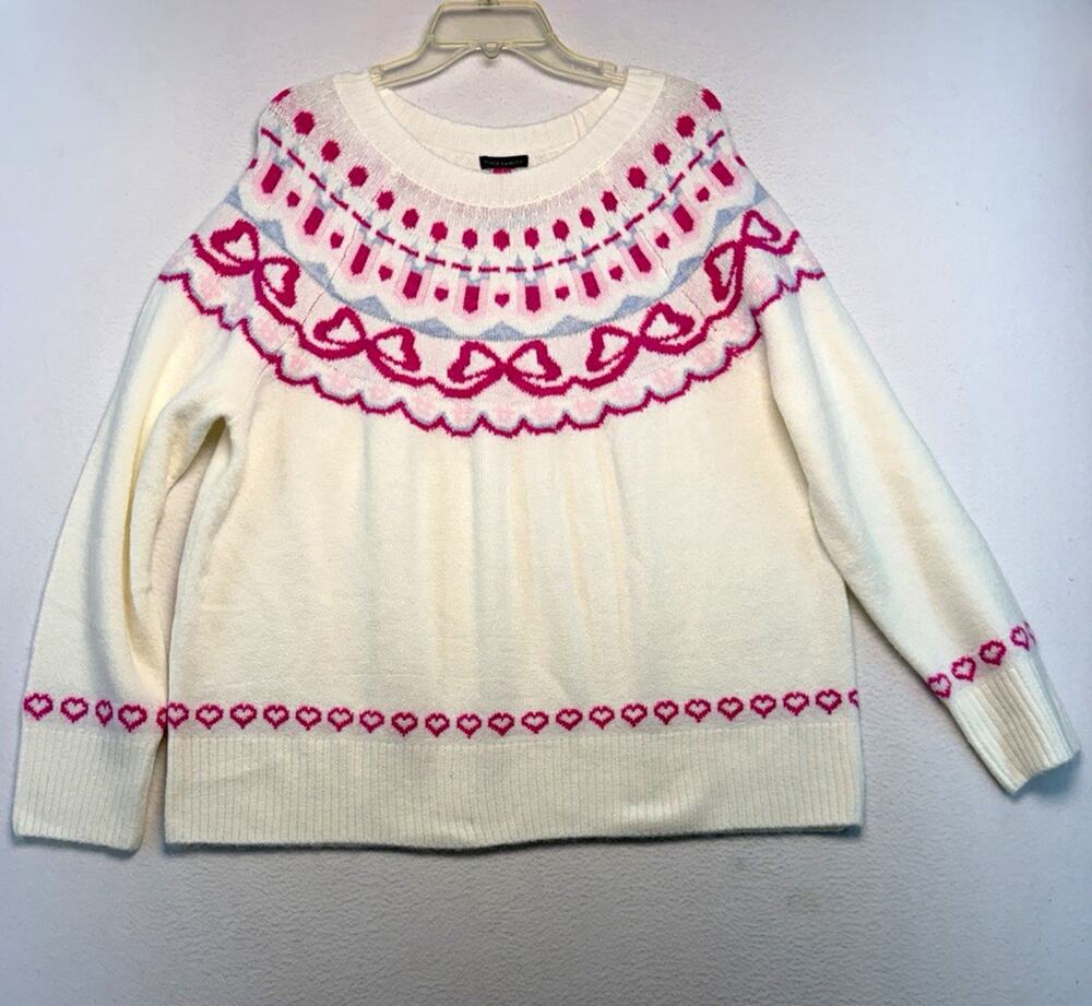 Vince Camuto L white Pink Light Blue bow Hearts Crew Neck feminine Sweater